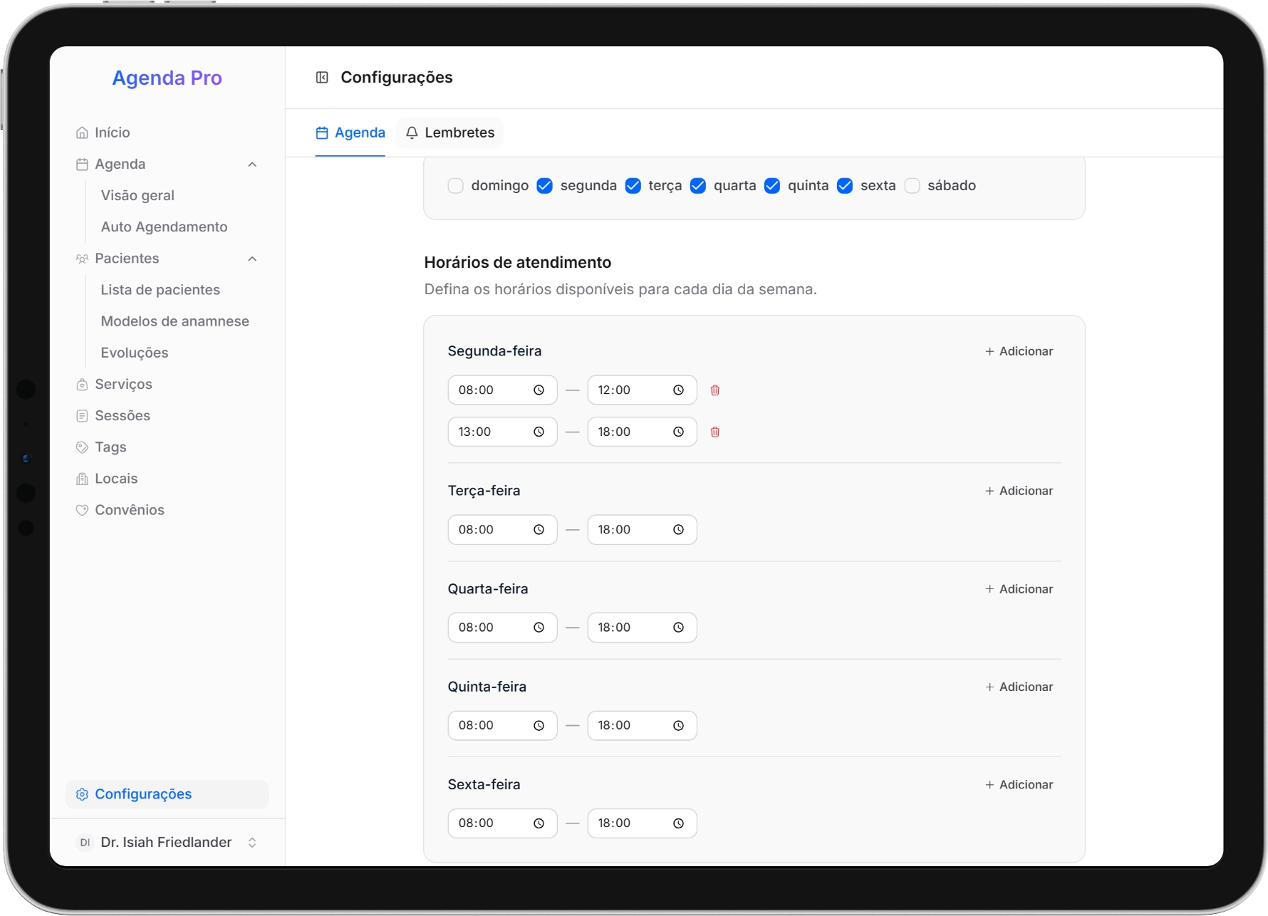 Defina seus horários de trabalho